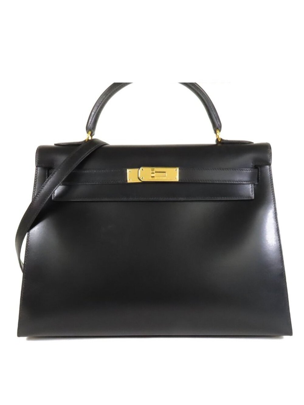 Hermes Kelly 32 Black Gold Box Calf Way Shoulder Bag